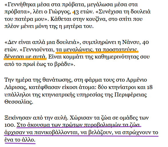 Στην Κρήτη, στη Θεσσαλία - στο Άουσβιτς ή στο Νταχάου, είτε στη βιαστική λόγω επιδημίας σφαγή είτε στην οργανωμένη κερδοσκοπική κανονικότητα, όλα τα ζώα (ανθρώπινα και μη ανθρώπινα) στριμώχνονται το ένα πλάι στο άλλο πανικόβλητα.