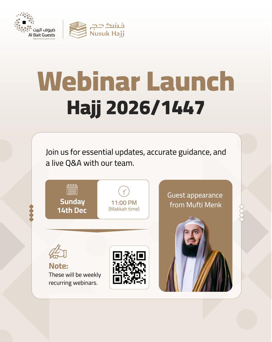 Special Announcement!

#Al_Bait_Guests launches its weekly Hajj webinar series with a powerful opening session, including a special message from #Mufti_Menk.

Start your Hajj preparation with confidence.
14 Dec | 11 PM Makkah time

us06web.zoom.us/webinar/regist…

<a href="/muftimenk/">Mufti Menk</a>