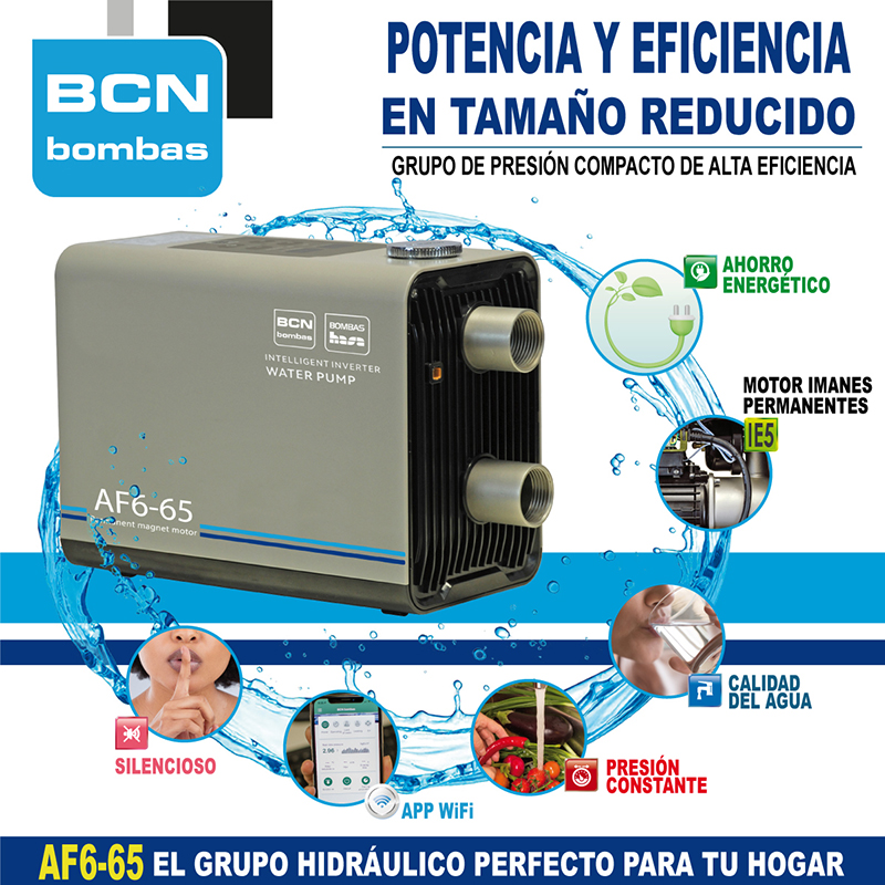 ¡MENOS ESPACIO - MÁS PRESTACIONES!
¡Descubre el futuro de los grupos de presión con el nuevo AF6-65! Este grupo de presión compacto de alta eficiencia está diseñado especialmente para el uso doméstico, ofreciendo un rendimiento hidráulico excepcional en un tamaño reducido.