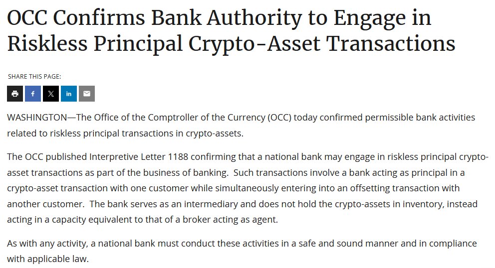 0xRexster's tweet photo. The real story today is not another ETF rumor or whale shuffle.

It is the fact that America’s national banks just got permission to run crypto order flow.

Not custody. Not market making. Pure execution. They can sit in the middle, match buyers and sellers, take the fee, and never touch the asset.

If you zoom out, this is the first time regulators have allowed the banking system to plug directly into crypto’s liquidity layer without taking balance sheet risk. That is a structural shift.

Think about who this applies to: 

JPMorgan
Bank of America
Wells Fargo
Citibank
US Bank
PNC

These are not startups fighting for licenses. These are the institutions that already dominate payments, FX, and settlement pipes. Now they are cleared to eat part of the crypto exchange business.

Coinbase and Robinhood will not be competing with fintechs anymore. They will be competing with the banking system itself. And that tells you where the next phase of crypto market structure is heading.