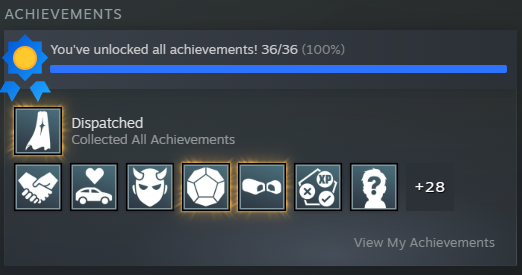 Finally got this all the achievements on dispatch! Wasn't hard, but did went through the game fully 3 times. Total time was 33.5 hours.
