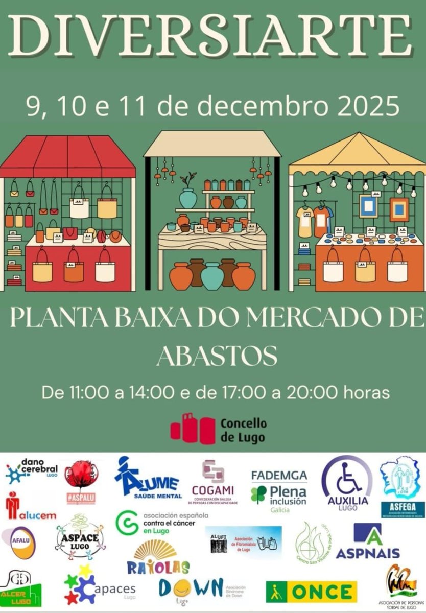 Asfega_'s tweet photo. ASFEGA estará presente na edición deste ano do mercado solidario DIVERSIARTE en Lugo

📌 Planta baixa do Mercado de Abastos de Lugo 
🗓️ 9, 10 e 11 de decembro
🕐 11-14h e de 17-20h

Anímate a colaborar coas entidades participantes! https://t.co/fHIGzvmKZN