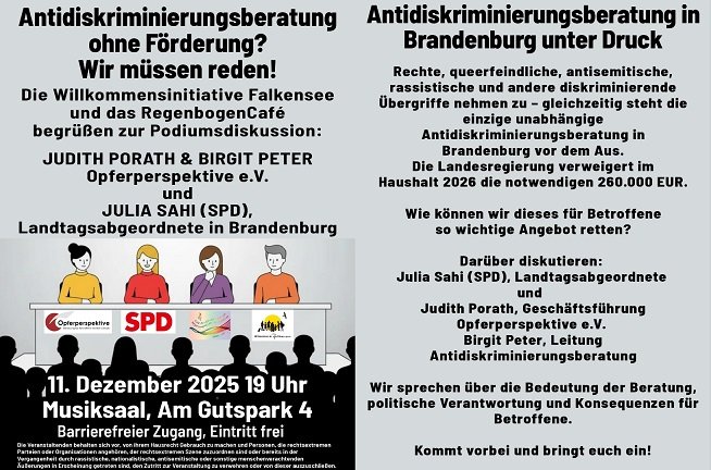 Morgen veranstalten wir mit der Willkommensinitiative eine Podiumsdiskussion. Die Förderung vom Bund für die Antidiskriminierungsberatung läuft aus und das Land Brandenburg will oder kann die nötigen 260.000 Euro nicht aufbringen.
#Falkensee #Brandenburg #Opferperspektive