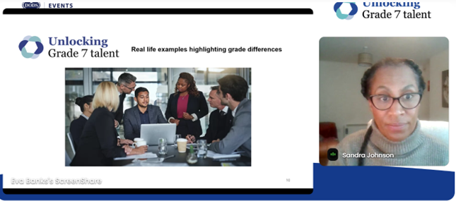 TotalEventsDEI's tweet image. Thank you to our first speaker of the day, Sandra Johnson for delivering a brilliant first session looking at 'Dissecting Grade 7 Roles and Responsibilities'. Please do ask any questions you have in the Q&amp;amp;A tab. #UnlockingG7Talent