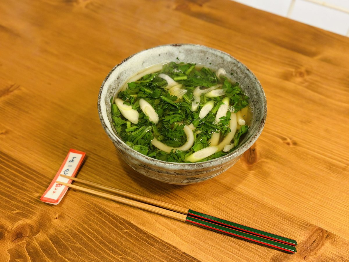 あぁ二日ぶりの我が家！麺つゆに、料亭の味の貝だしを混ぜてうどんを作った。畑で買った春菊と長葱も。おいしくて優しい味だ