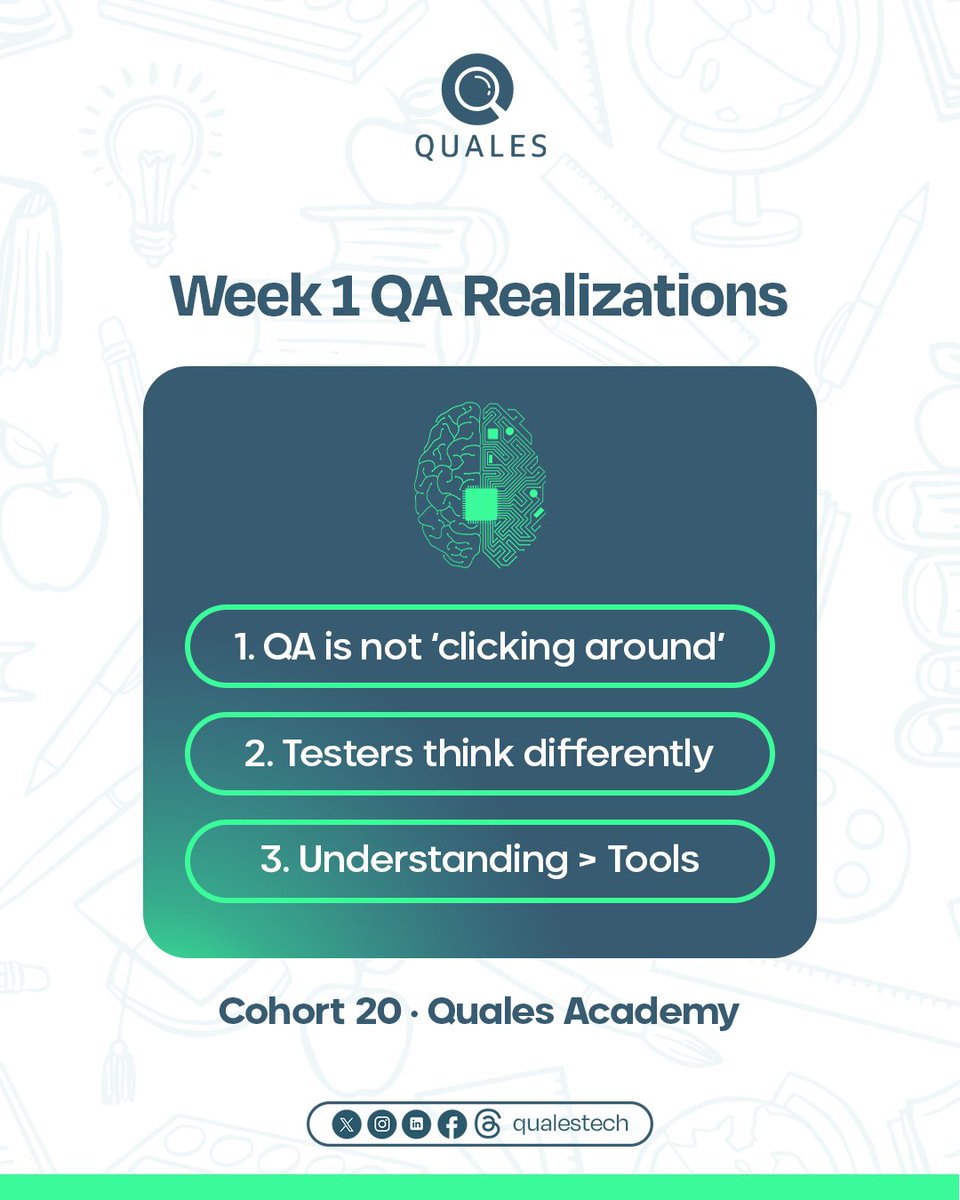 Qualestech_'s tweet image. Week 1 in QA hits you quickly: 
• QA is strategic 
• Tools don’t matter without thinking 
• Testing is analysis, not clicking
Cohort 20 realized this instantly.
#QA #SoftwareTesting #TechLearning
