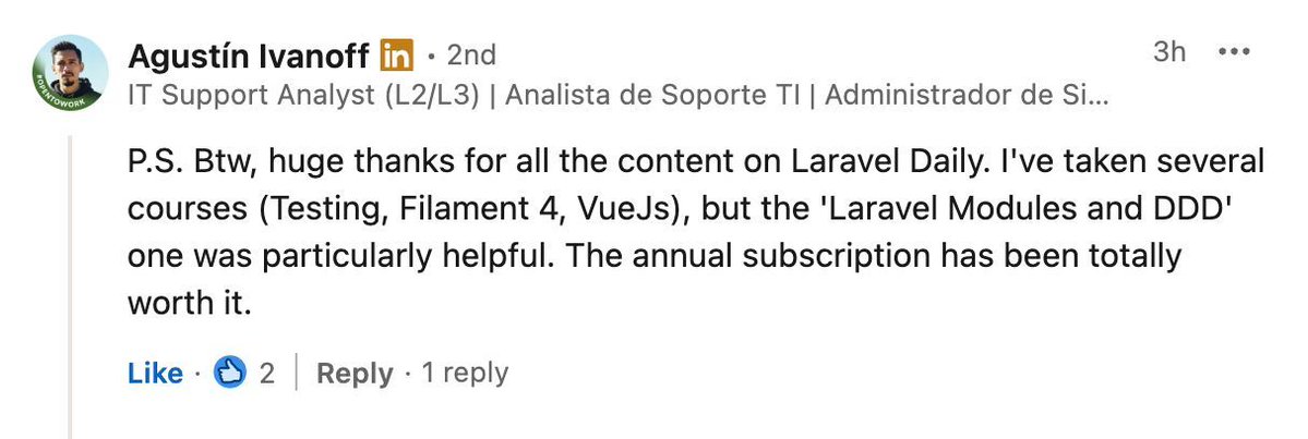 Recebi este depoimento inesperado como um comentário no LinkedIn.
Seja como Agustin!
Aprimore suas habilidades em La