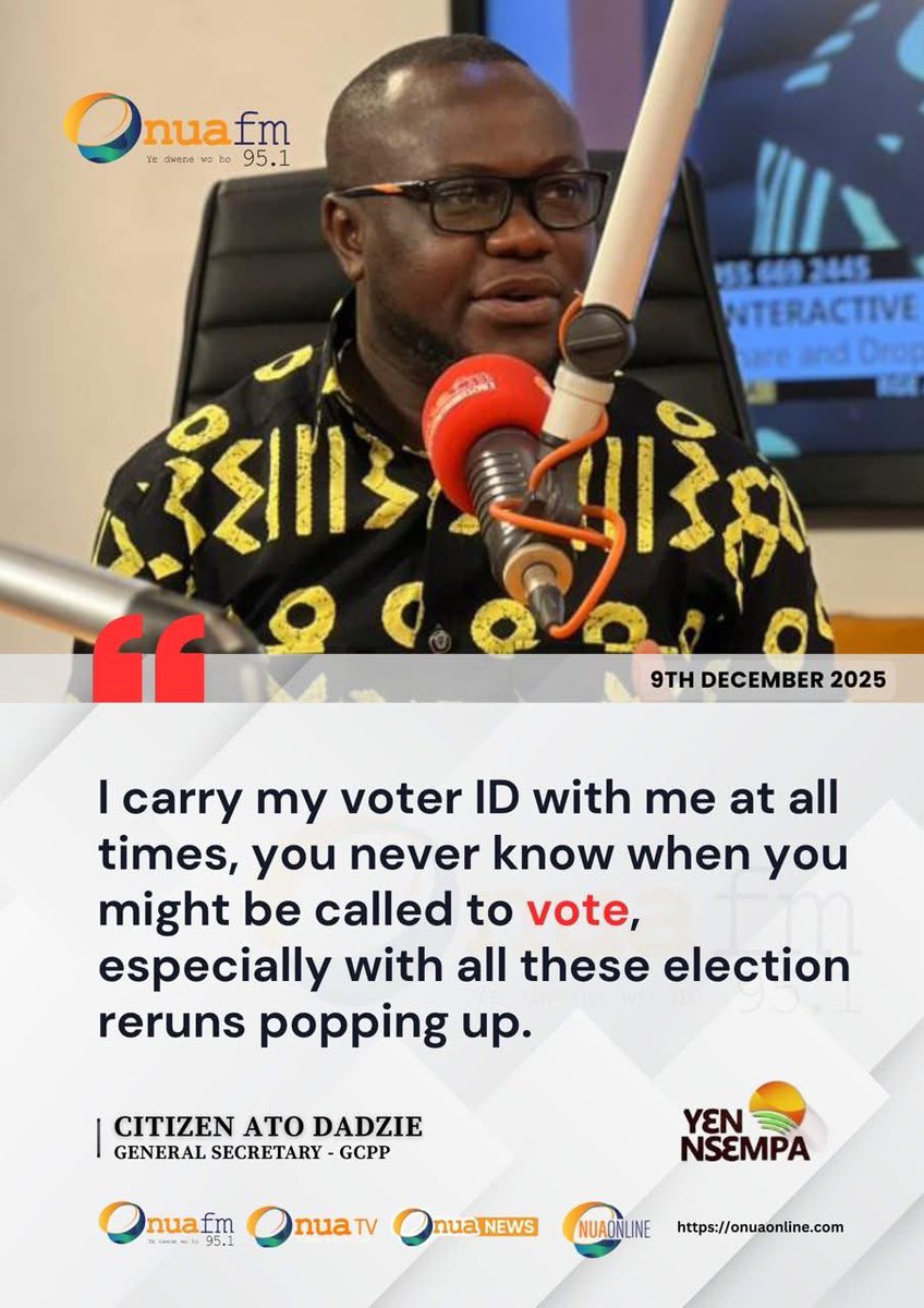OnuaTV's tweet image. Citizen Ato Dadzie advises Ghanaians to always keep their voter ID handy, noting the increasing frequency of election reruns across the country. 

#OnuaFM #YenNsempa