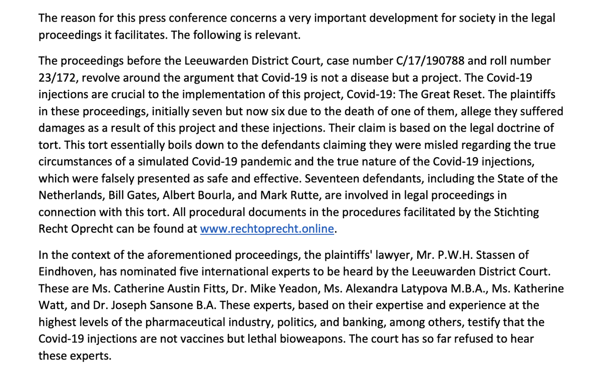 Update on the Dutch case against Bill Gates, Albert Bourla, Dutch politicians and various others:

A press conference is scheduled for Monday 15 December, 14.00 hrs CET, in front of the District Court of Leeuwarden.