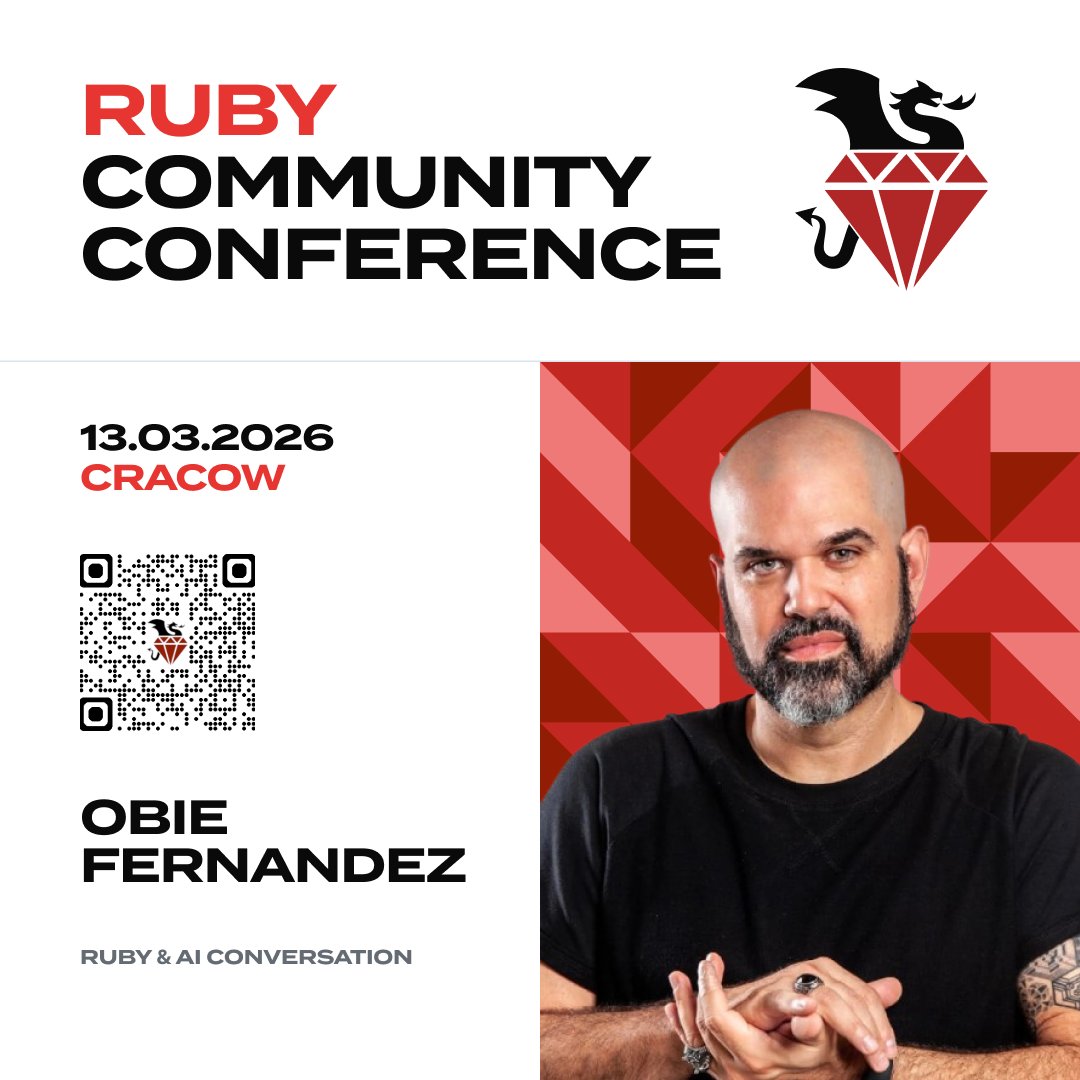 visualitypl's tweet photo. A huge announcement for Ruby Community Conference 2026! 🔥

We’re welcoming @obie Fernandez as our keynote speaker - Ruby &amp; Rails pioneer, author of The Rails Way, and leader of AI initiatives at Shopify.

Early birds are live:
 https://t.co/41ZEiIxn7r
More speakers coming soon👀 https://t.co/FoQonZ25Nv