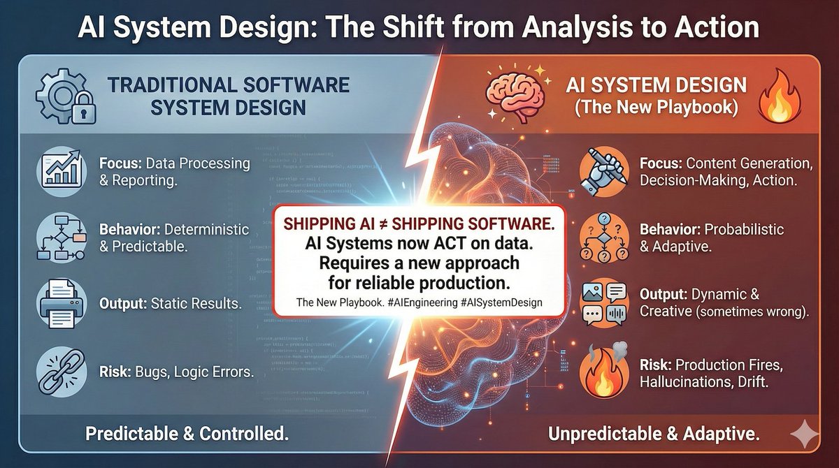 ManderAmandeep's tweet image. AI systems no longer just analyze data — they act on it. They generate content, make decisions, and sometimes… cause production fires 🔥
Shipping AI ≠ shipping software. You need a new playbook.
#AIEngineering #AISystemDesign