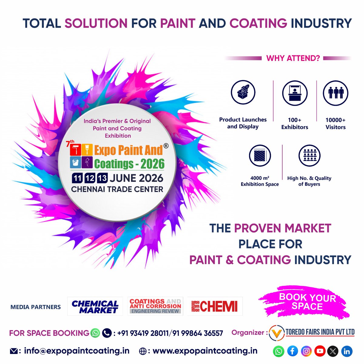7th Expo Paint &amp; Coatings 2026 – Chennai Trade Centre Step into the vibrant world of paints, coatings, and surface innovations! Boost your Brand...
#ExpoPaints2026 #CoatingsInnovation #SurfaceSolutions #ChennaiTradeCentre #PaintExpo2026 #surfentechexpo #epc2026 #surfentech #epc26