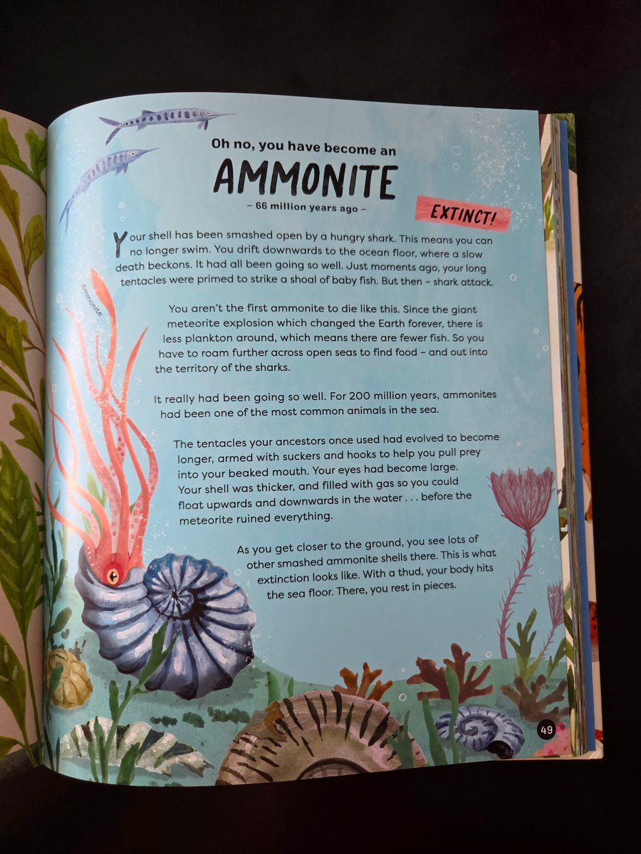 bcb567's tweet image. A choose-ypur-own-adventure book for budding paleontologists! You start as a Dickinsonia &amp;amp; each page has 3 choices to plot your path through evolution. Will you survive or become extinct? I ended up as an ammonite - great fun! #evolution #ks2 @nosycrowbooks