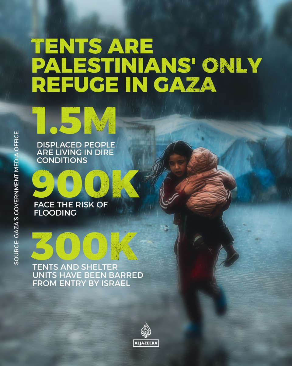 AJEnglish's tweet image. Gaza’s Government Media Office warns that Storm Byron, arriving today with heavy rain, floods and strong winds, can worsen the suffering of hundreds of thousands of displaced Palestinian families living in fragile tents across the war-torn enclave #infograph