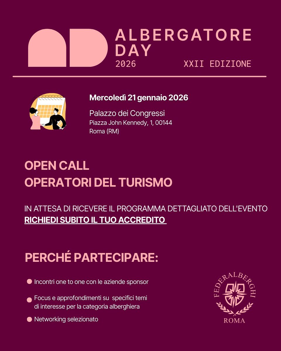 📅 ALBERGATORE DAY MERCOLEDÌ 21 GENNAIO 2026  
📍 Palazzo dei Congressi, Roma 

🎫 Sono ufficialmente aperti gli accrediti per gli operatori del turismo! RICHIEDI L'ACCREDITO QUI platform.eventboost.com/e/ad-2026/4503…
📷 Il programma completo sarà presto online!