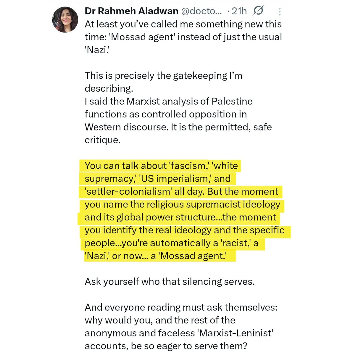 doctor_rahmeh's tweet image. Remember, I've been arrested twice. They're trying to gag me. 

I have tried to explain this as best as I can but simply:

Any analysis of Palestine and the nature of 'israel' today that fails to identify &amp;amp; confront jewish supremacy is controlled opposition.

It misses the mark.