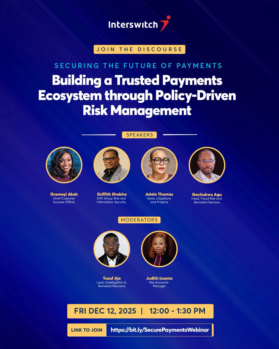 As Nigeria’s payments landscape evolves, so do the risks. How can policy, data, and collaboration work together to stay ahead of fraud?
Join us this Friday, December 12th, 12:00PM - 1:30PM for an insightful session. 

Join here bit.ly/SecurePayments…