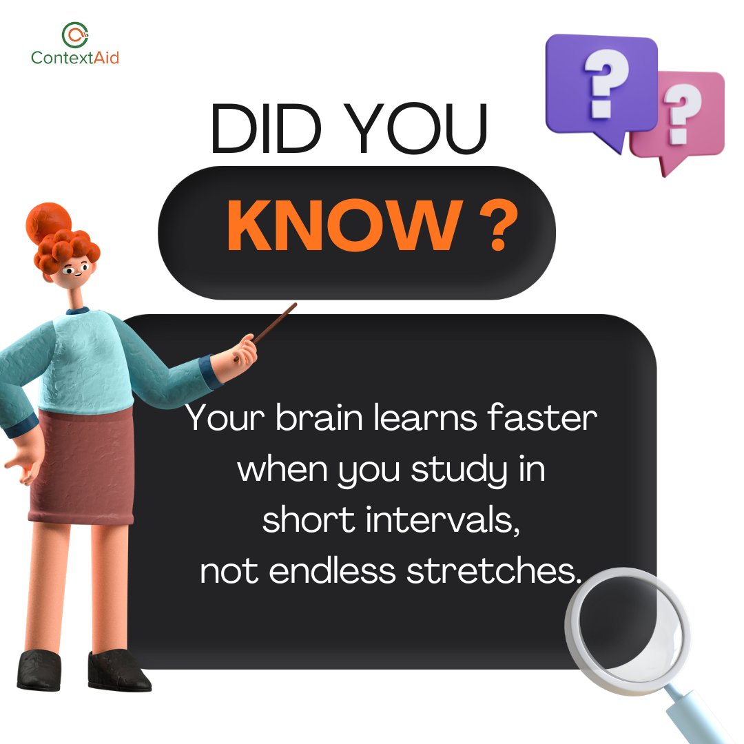 Context_Aid's tweet photo. We often think reading for hours means we’re actively learning.

But the real learning happens when you study in small, focused moments.

Your mind requires breaks while studying.
Let it recharge, and it’ll give you better results.

#ReadBetter
#ContextAidTips https://t.co/03AygaeOzq