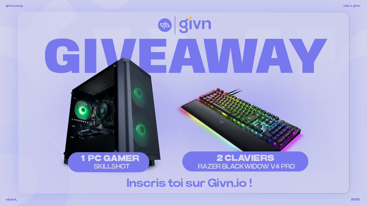 OTP_LoL's tweet image. 🎉 GIVEAWAY Givn x OTP 🎉

Un énorme merci à Givn, qui soutient nos émissions de fin d’année ! 🎄

À gagner :
- 1 PC Gamer Skillshot
- 2 Claviers Razer BlackWidow V4 Pro

Pour participer :
📝 Inscris-toi gratuitement ici : givn.io