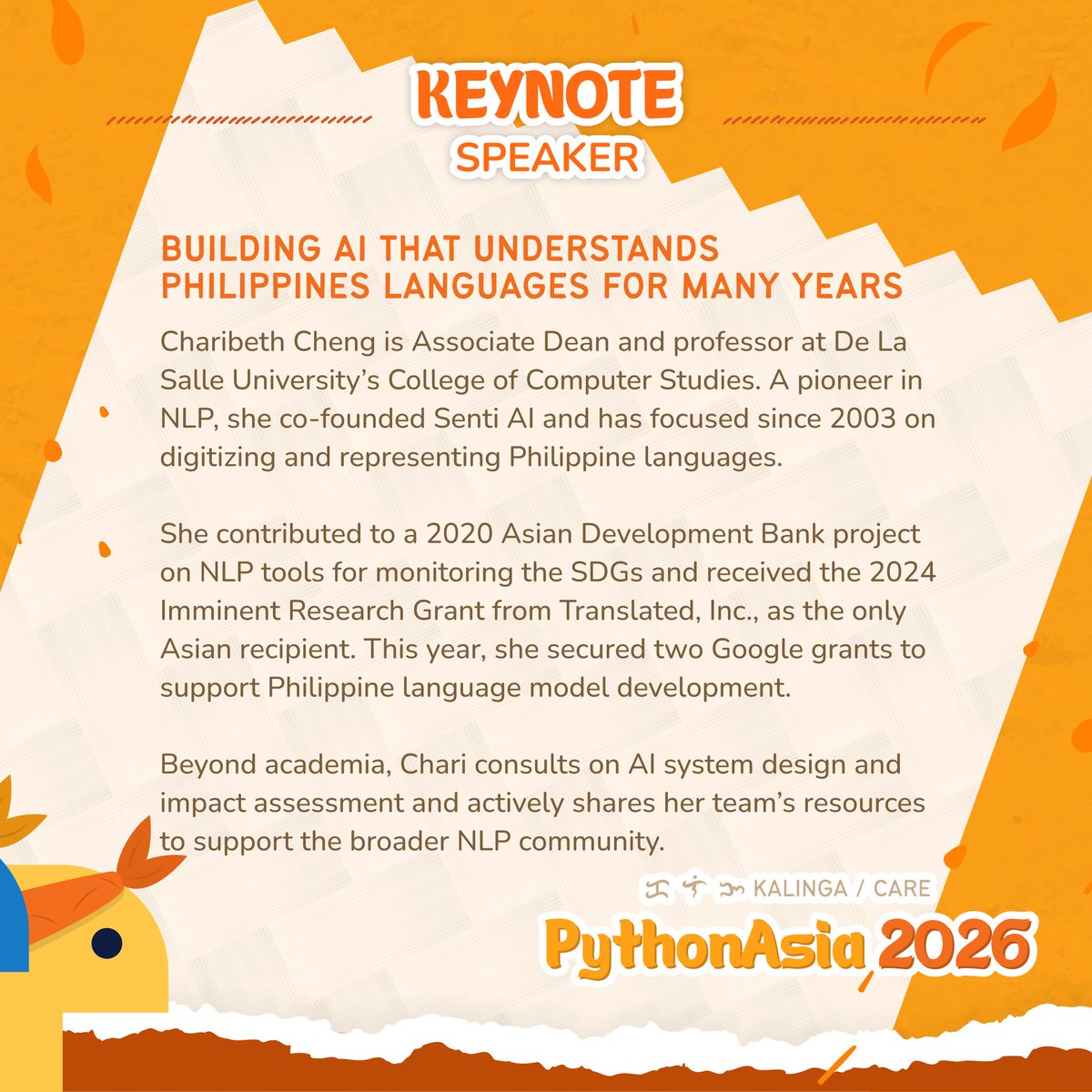pyconph's tweet image. Building AI that understands Philippine languages for many years ✨📚 

We’re excited to have Charibeth Cheng join us as a Speaker at #PythonAsia2026! 🐍💚

🔗 : 2026.pythonasia.org

#PythonPH #Pythonista #PHTechCommunity