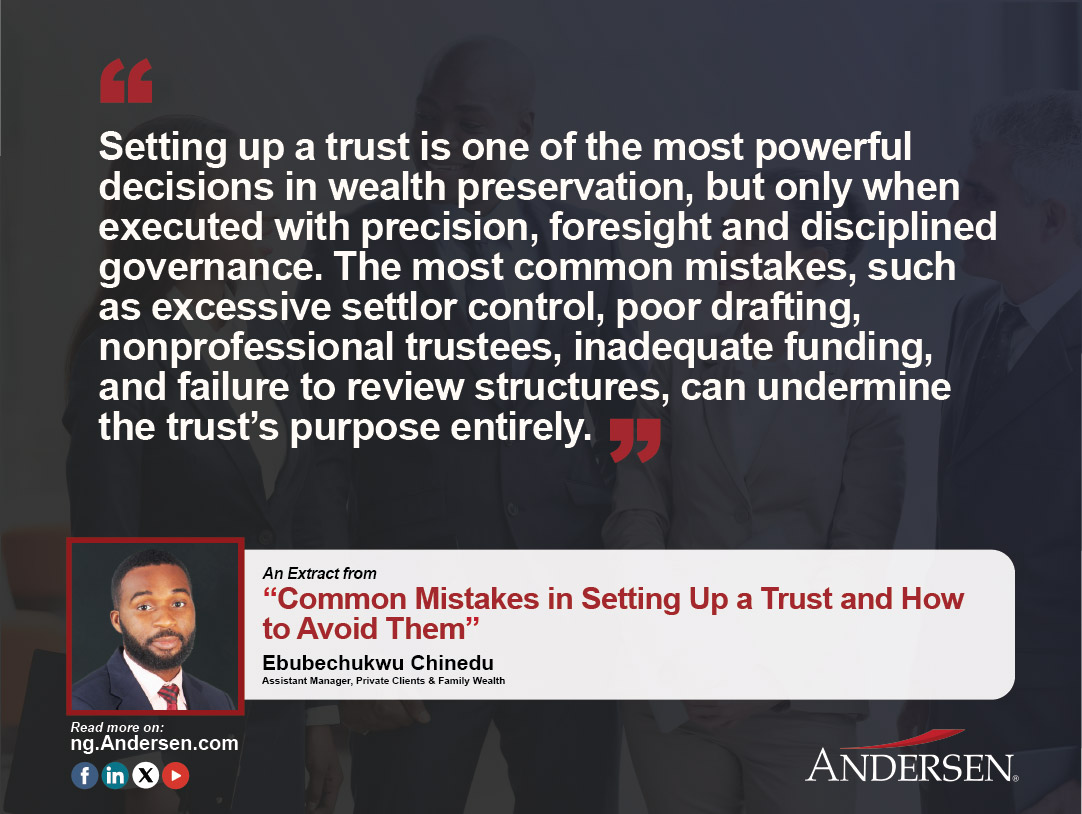AndersenNigeria's tweet image. 📘Setting up a trust is one of the most powerful decisions in wealth preservation, but only when executed with precision, foresight and disciplined governance. 

🔗Discover More: ng.andersen.com/common-mistake…

#Trusts #Mistakes #Planning #Succession #Andersen #AndersenNigeria