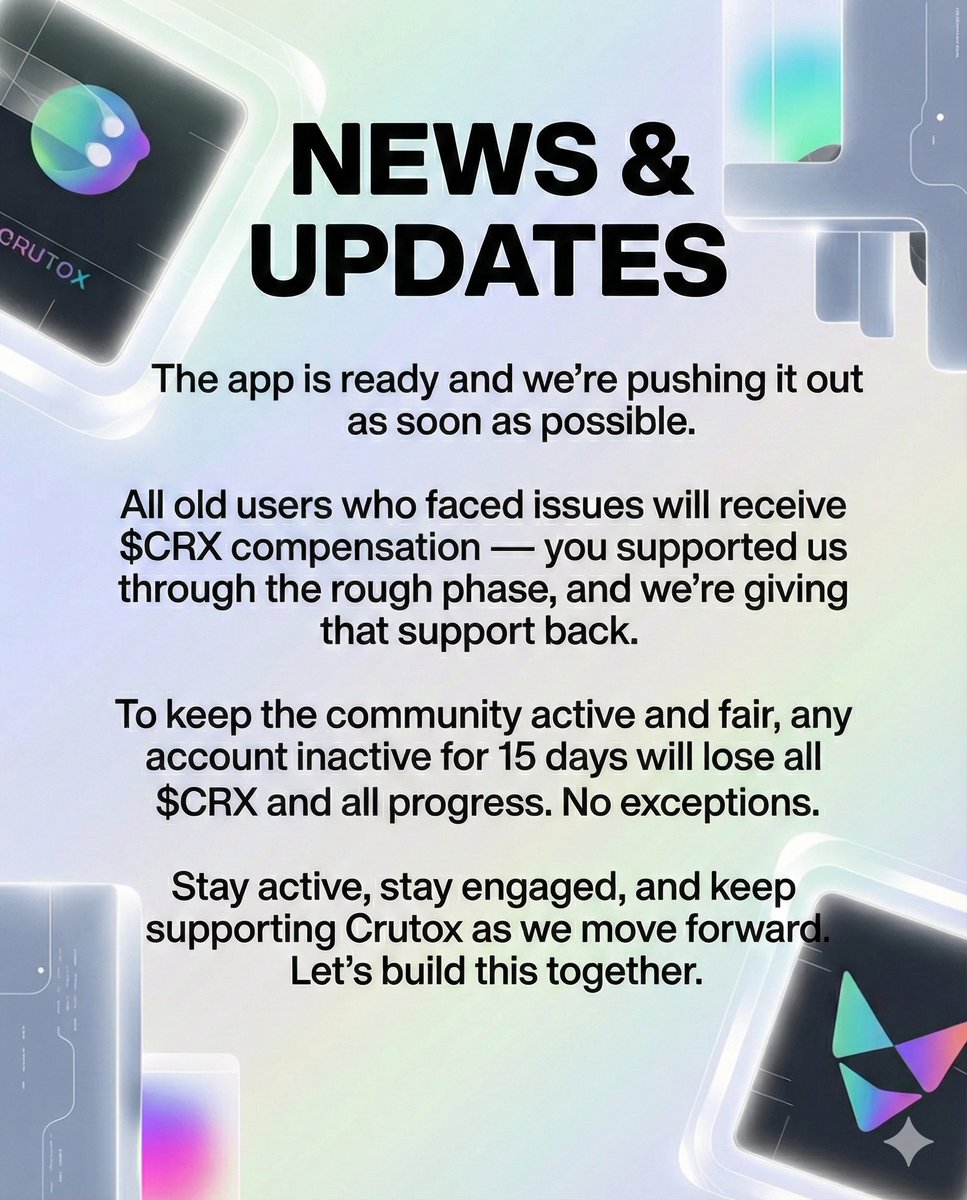 News &amp; Updates:

The app is ready and we’re pushing it out as soon as possible.

All old users who faced issues will receive $CRX compensation — you supported us through the rough phase, and we’re giving that support back.

To keep the community active and fair, any account
