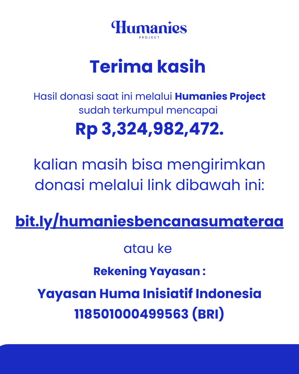 humaniesproject's tweet image. ❗Update Donasi ❗

Terima kasih 💙
Donasi yang terkumpul telah mencapai Rp  3,324,982,472. untuk membantu pemulihan bencana di Sumatera.

Yuk lanjutkan dukunganmu di:
🔗 bit.ly/humaniesbencan…
atau BRI 118501000499563
(Yayasan Huma Inisiatif Indonesia)