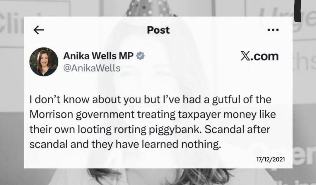 This has aged <a href="/AnikaWells/">Anika Wells MP</a> Looting the piggybank is now totally fine. Just because you can doesn't mean you should. #Hypocrisy #ToneDeaf Doesn't pass the #Pubtest doesn't pass the #GrubTest