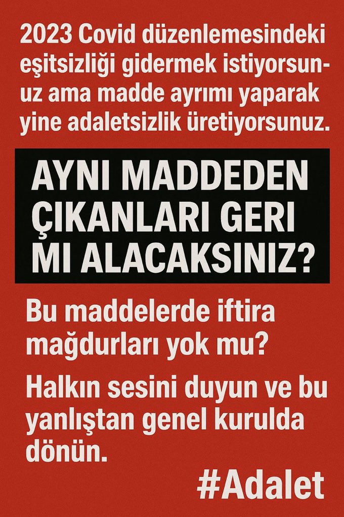 2023’te kapsama alınanlarla aynı karakterdeki dosyaların bugün değerlendirmeye bile alınmaması, düzenlemelerin keyfiyete açık olduğunu ortaya koyuyor‼️

 11.Yargı Paketi bu konuya dokunmuyor.Bu, adaletin değil, politik hesapların tercih edildiğinin açık göstergesi‼️
<a href="/YildizFeti/">Feti Yıldız</a>