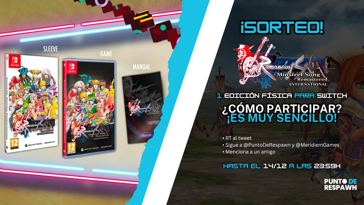 🔴🟢🔵 #SORTEO 

🔍 ¡Edición física de #RomancingSaga para #Switch! 

❓ ¿Cómo participar? ¡Es muy sencillo! 👇 

🔁 RT
▶ Sigue a <a href="/PuntoDeRespawn/">Punto De Respawn</a> y <a href="/MeridiemGames/">Meridiem</a> 
💬 Menciona a un amigo 
⚠ Solo envíos a España peninsular

📅 Hasta el 14/12 a las 23:59h