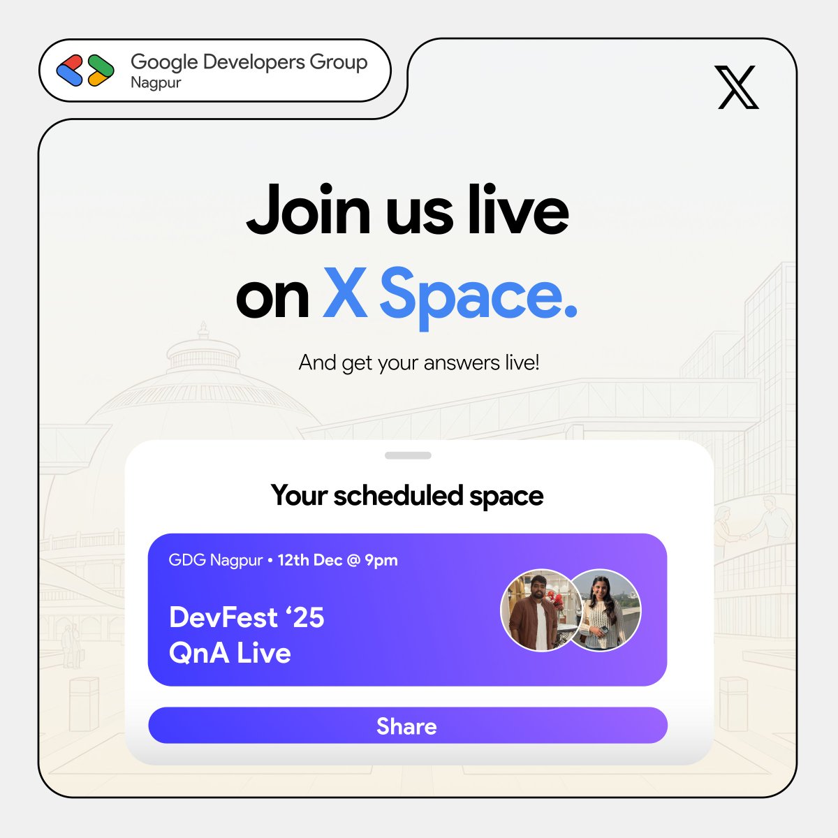 gdgnagpur_'s tweet image. Nagpur fam, we’re hosting our X Space for DevFest ‘25! 🎙️

Catch us on 12th Dec at 9PM with @thecoderpanda (Shantanu Vishwanadha) and Tejaswini Padole.
Ask, chat, pitch ideas, or just vibe with the community members.

#DevFestNagpur2025