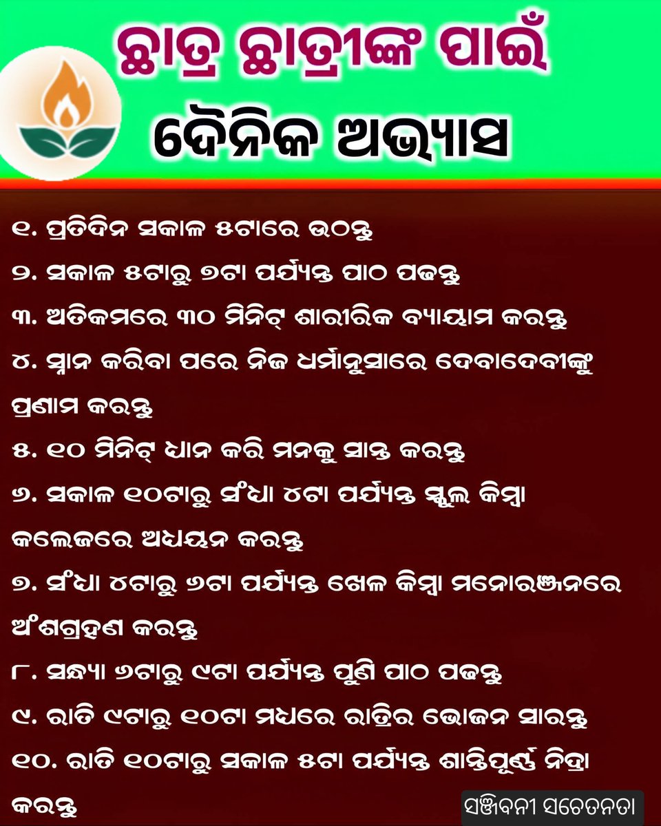 bestsanjib's tweet image. "ସୁନିୟୋଜିତ ଦିନ, ସଫଳ ଆଗାମୀ।
ସମୟମାନିତ ଉଠିବାରୁ ଆରମ୍ଭ କରି
ନିୟମିତ ପାଠ, ବ୍ୟାୟାମ, ଧ୍ୟାନ ଓ ଶାନ୍ତିପୂର୍ଣ୍ଣ ନିଦ୍ରା—
ଦାୟିତ୍ୱଶୀଳ ଛାତ୍ର ଜୀବନର ପ୍ରତିଦିନ ଏକ ପଦକ୍ଷେପ।"

#StudentRoutine
#DailyHabitsForSuccess
#StudyMotivation

#StudentLife
#StudyTips
#DisciplineForSuccess

#SuccessMindset