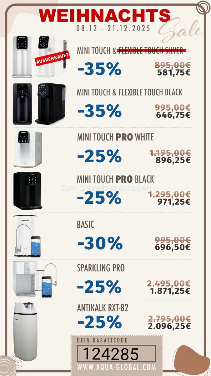 Weihnachten bei www1.aqua-global.com

Mit dem Rabattcode 124285 sparst Du bares Geld und befreist Dich von dem lebenslangen Kredit im Getränkemarkt 🎅🎅
Einfach auf die Homepage www1.aqua-global.com gehen, Produkt aussuchen und den Rabattcode 124285 eingeben 😊