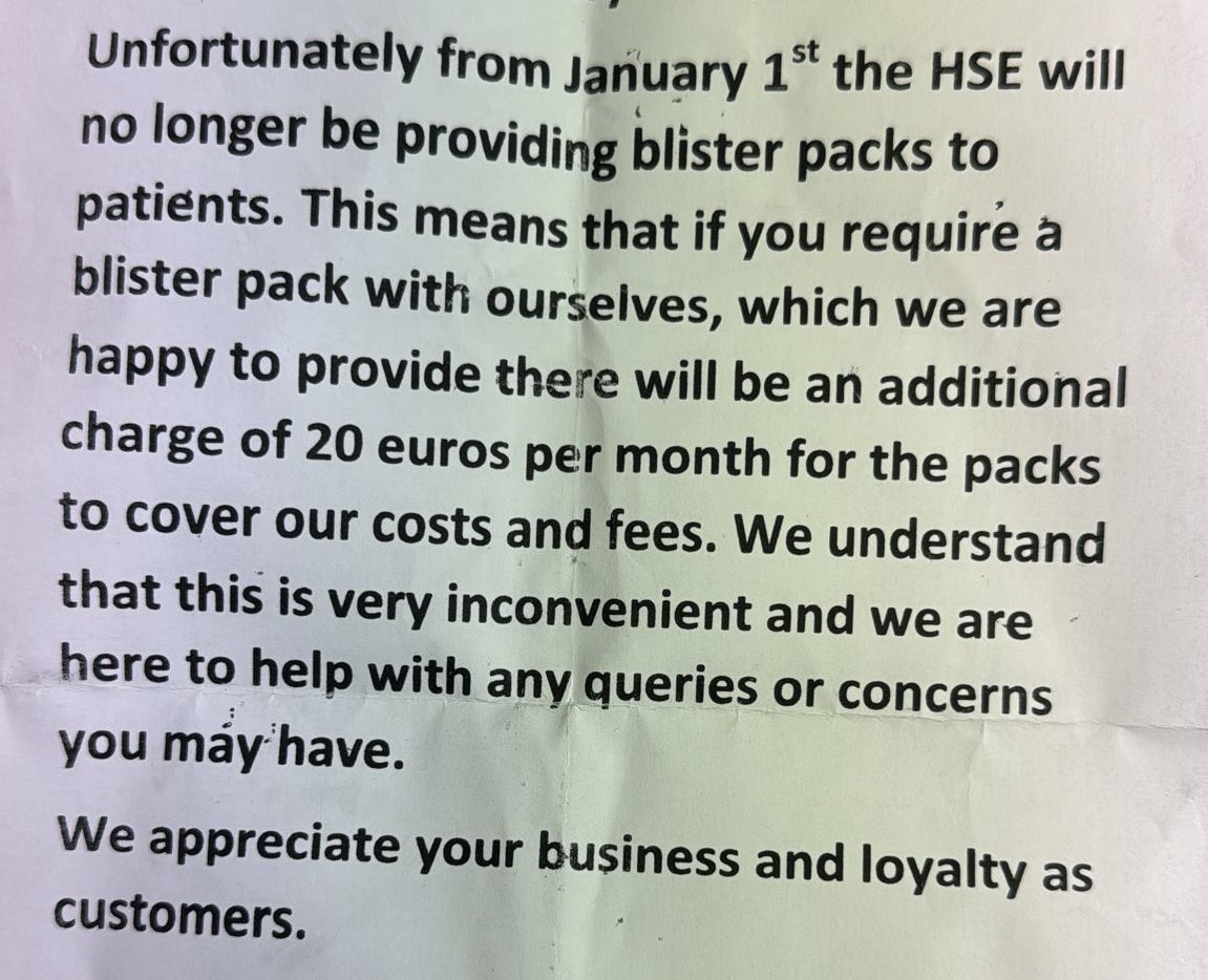 MaryLouMcDonald's tweet image. Loads of people in Dublin Central have contacted me worried about new charges for tablet blister packs! 

It’s wrong that Fianna Fáil and Fine Gael are withdrawing the support older people with Dementia and Alzheimer’s have relied on for years to pay for blister packs. 

Elderly…