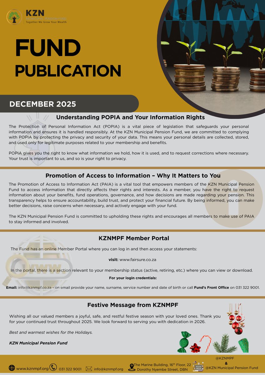 kznmpf's tweet image. We’ve released our December 2025 Fund Publication.
Stay informed with key updates and insights as we wrap up the year.
***Read the full publication (English &amp;amp; Zulu Version)

#kznmpf #MemberUpdate #December2025