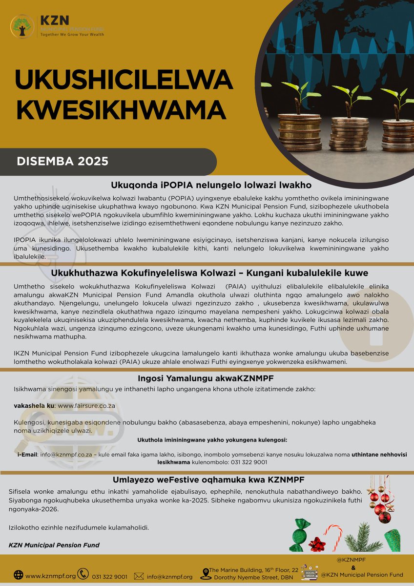 kznmpf's tweet image. We’ve released our December 2025 Fund Publication.
Stay informed with key updates and insights as we wrap up the year.
***Read the full publication (English &amp;amp; Zulu Version)

#kznmpf #MemberUpdate #December2025