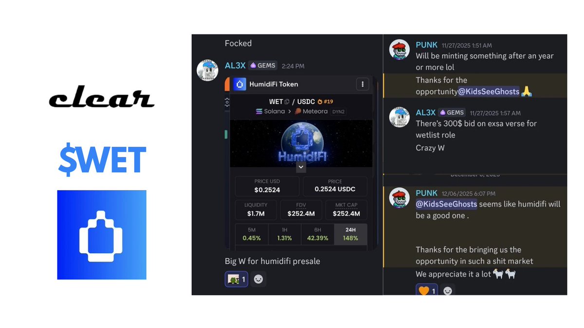 clear gang got $WET by the presale 

<a href="/humidifi/">HumidiFi</a> has taken over the liquidity on solana see you in the charts &amp; chat.