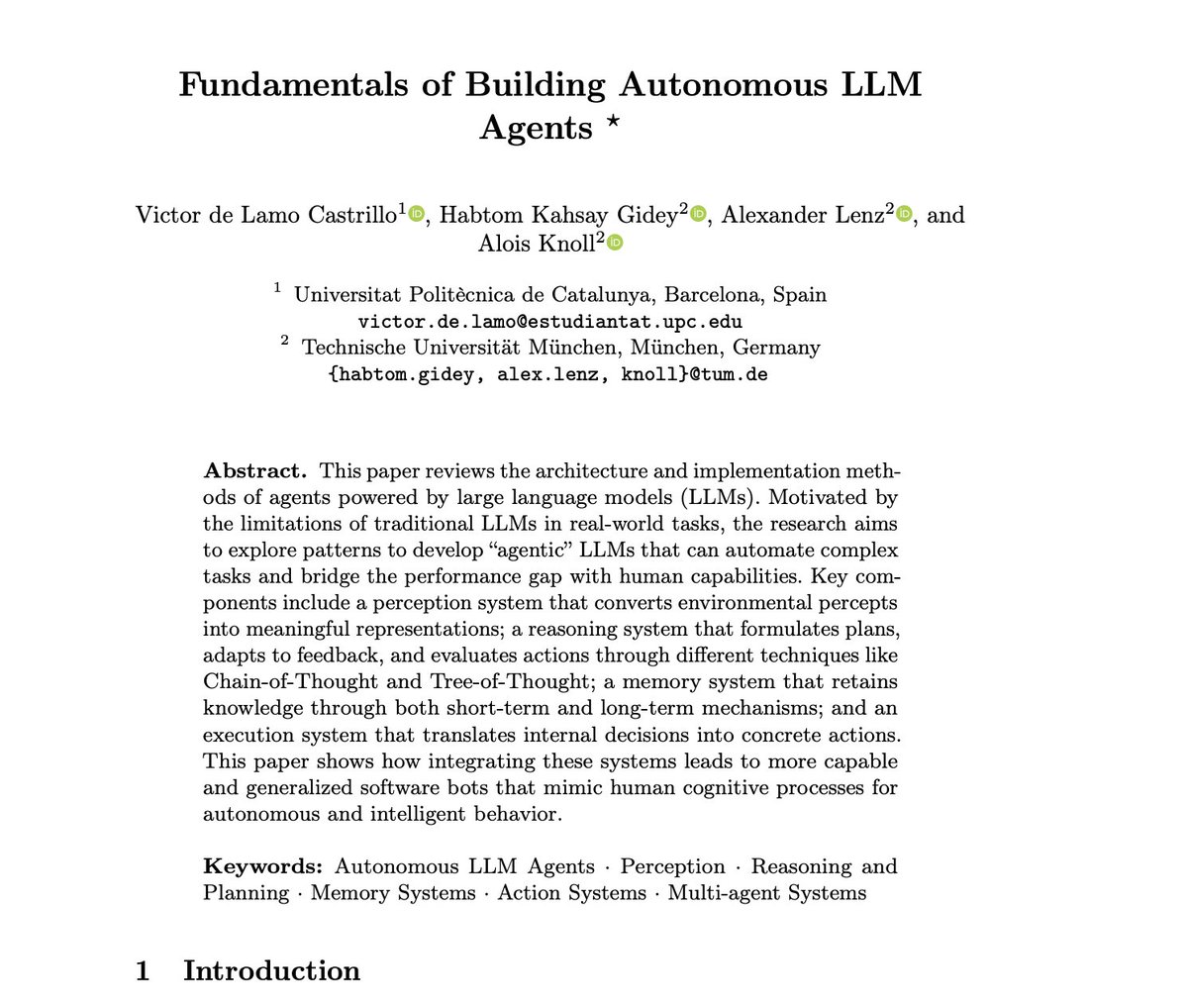 Research paper title page: "Fundamentals of Building Autonomous LLM Agents" with authors, affiliations, abstract and keywords about agent architecture and memory, reasoning, execution.