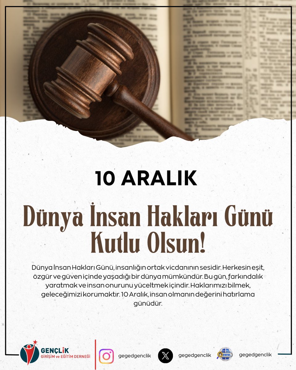 gegetgenclik's tweet photo. 10 Aralık Dünya İnsan Hakları Günü 
İnsan haklarının korunması, toplumların daha adil, özgür ve güvenli bir geleceğe ulaşmasının temelidir.
Farkındalık oluşturarak, insan onurunu yükseltmek ve haklarımızı savunmak hepimizin sorumluluğudur. https://t.co/mA4fGHg3Os