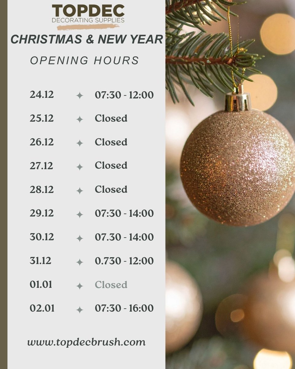 topdecbrush's tweet image. 🎄 Topdec Christmas &amp;amp; New Year Opening Hours 🔔

​Planning your last-minute Christmas or New Year projects? Make sure you check out our special opening hours for the festive season!
​
Find out more at: topdecbrush.com

​#Topdec #DecoratingSupplies #ChristmasHours