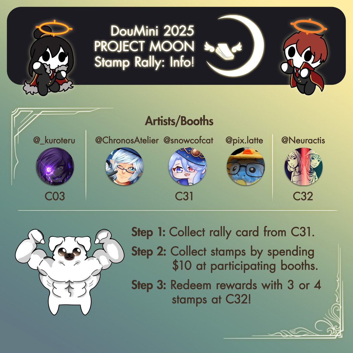 neuractis's tweet photo. 🌙✨ Project Moon Stamp Rally at Doujima Mini this 13-14 Dec!! ✨🌙
Come by and visit us if you are a fan of Lobotomy Corp, Library of Ruina and other PJM works~
#doujinmarket #doumini2025 #doujinsea https://t.co/SlfnAnOBqO