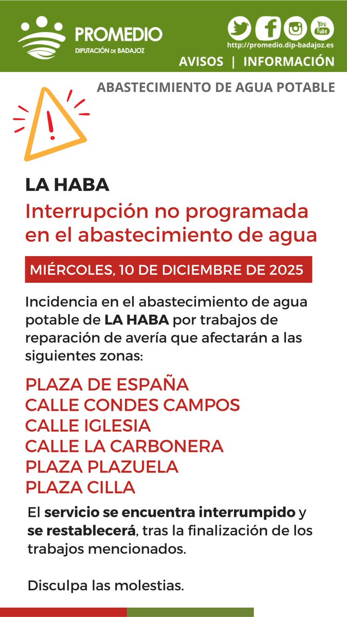 🚧 AVISO > LA HABA
🚱Interrupción no programada del abastecimiento de agua por obras de reparación de avería 
#ATuServicio
#LaHaba