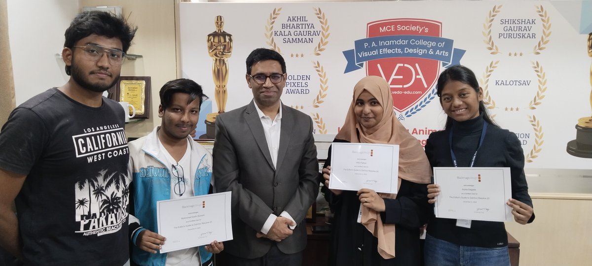 VEDA_PUNE's tweet image. Hearty Congratulations..!

We are proud to share our students Kashi Qureshi,Afifa Pathan, Sahil Bawane,Arpita Dagade have successfully cleared the editors guide to DaVinci Resolve 20
#onlineexams #VEDACollege #drpaiu #opensource #daVince #videoediting #punecity #animationcollege