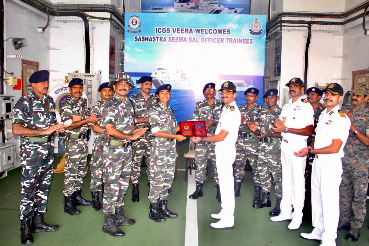 IndiaCoastGuard's tweet photo. #Training4Synergy
@IndiaCoastGuard Ship #Veera  facilitated the visit of 10 trainee #AssistantCommandants from #SashastraSeemaBal Academy at #Vizag on 09 Dec 25, providing insight into various facets of #ICG Operations & life onboard ships. The trainees were briefed on  the ICG Charter of Duties and key aspects of #MaritimeSecurity, #InternationalMaritimeLaw, #CoastalSecurity, #SAR #PollutionResponse, etc.. A demonstration of Boarding Ops & #SAR using remotely controlled life buoy further enhanced the training value.
#WeProtect
@SSB_INDIA