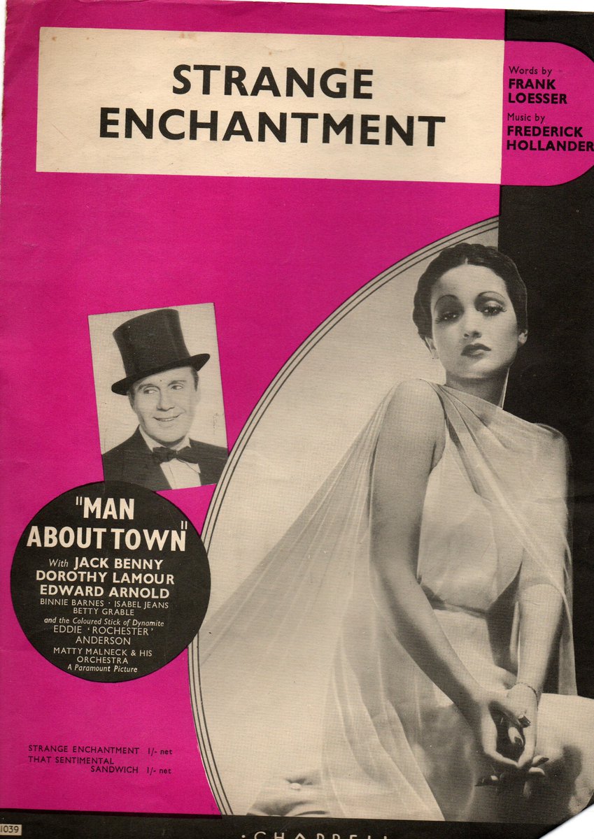 MostlyPrint's tweet image. Born #OTD in 1914, Dorothy Lamour (obvs not quite her real name), hard childhood, became a singer and actress, including Man About Town (1939), just before her most notable roles with Bob Hope and Bing Crosby in the Road movies. Died 1996. 
#sheetmusic Strange Enchantment.