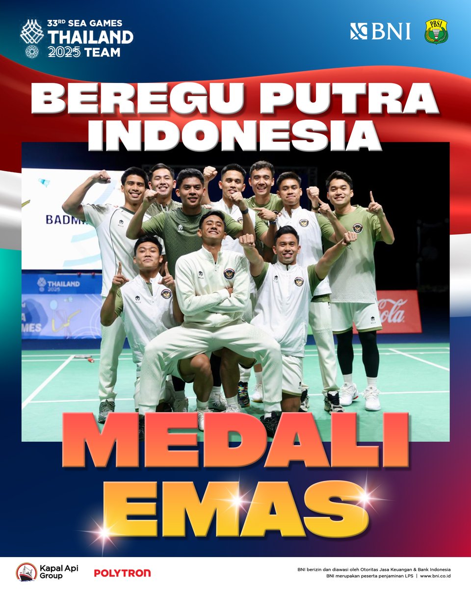 INABadminton's tweet image. Medali emas dari beregu putra Indonesia! 🥇🏸🇮🇩

Terima kasih untuk kerja keras, perjuangan dan pencapaiannya. KALIAN TERBAIK!!

#BadmintonIndonesia #SEAGames2025