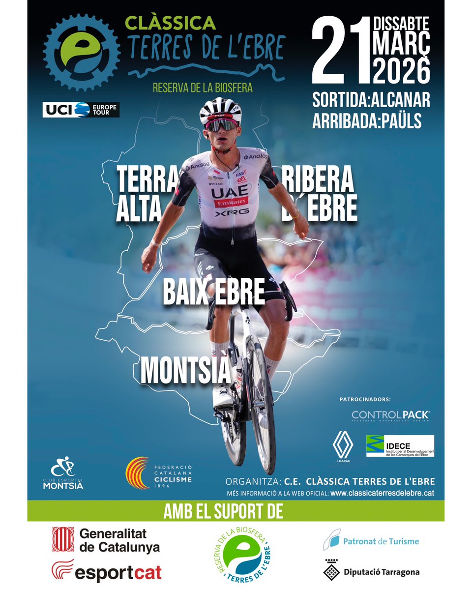 classicadelebre's tweet image. 🚴‍♂️ El 21 de març torna la Clàssica Terres de l’Ebre 2026: d’Alcanar a Paüls, un recorregut que simbolitza resiliència i esperança després d’incendis i aiguats.
Les quatre comarques unides en una gran jornada de ciclisme i territori. 💛🌿
#ClàssicaTerresDeLEbre #Ciclisme #Ebre