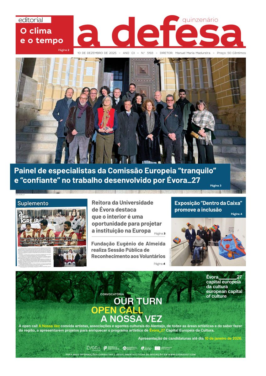 a_defesa's tweet photo. 📰Capas das edições impressas de 10 de Dezembro de 2025 do jornal "a defesa" e do suplemento "Ser Igreja Évora".
🔗Pode assinar o jornal a defesa na sua edição em papel e em digital no site https://t.co/0m8xmpnD3V https://t.co/KcWUWstgG4