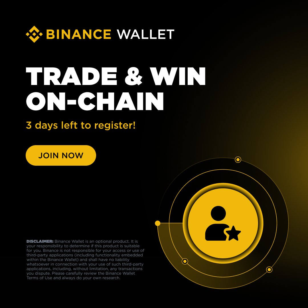 3 days left to register for the On-Chain Trade &amp; Win Competition! 

🚀 Experience trading on #Binance Wallet and boost your PnL for a share of 100 BNB rewards:

1️⃣ Lightning-Fast Trades with quick BSC and SOL confirmations
2️⃣ Smart tracking with Wallets &amp; Social trackers 
3️⃣