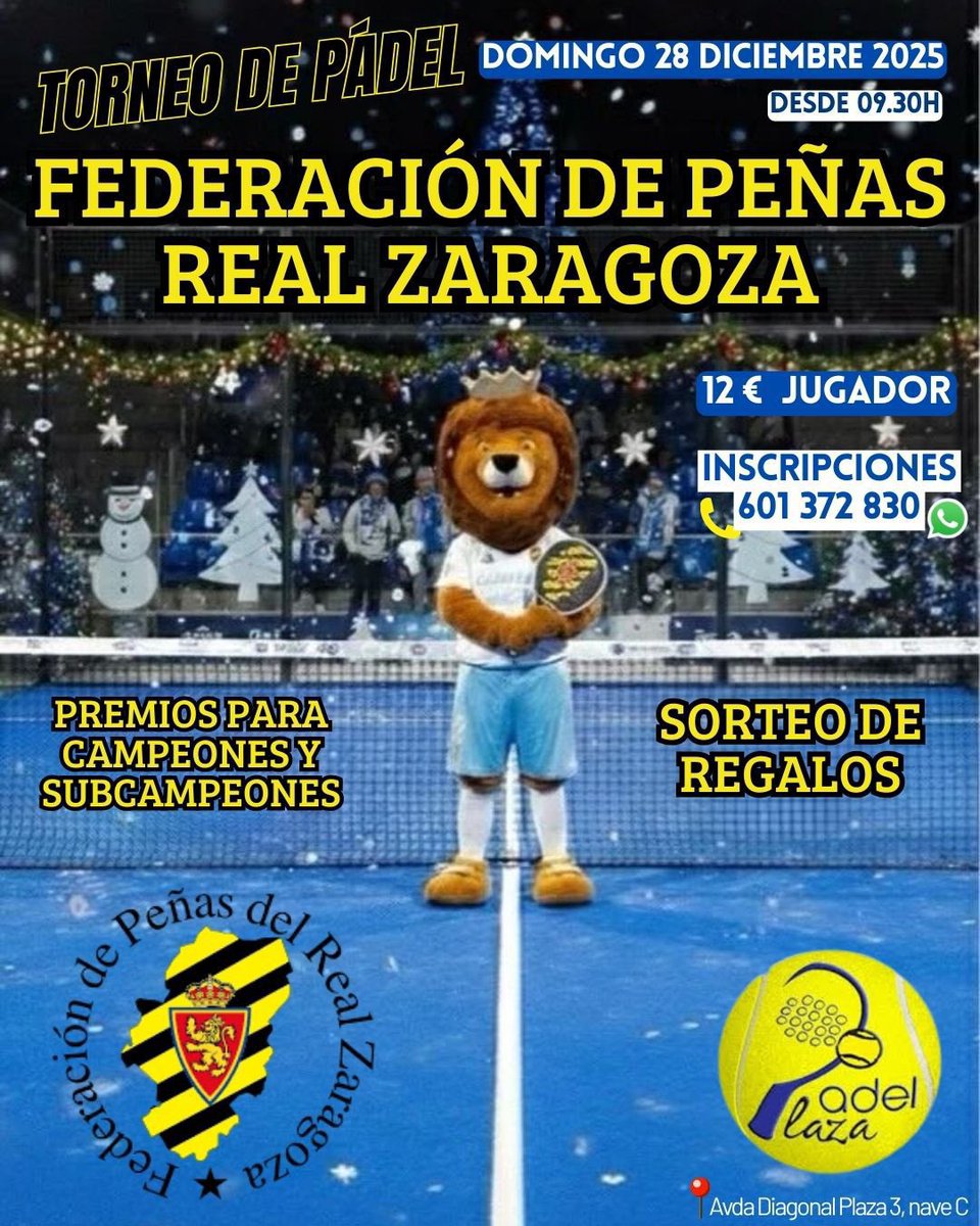 ¡Saca tu león interior a la pista! 🦁💛💙
Gran Torneo de Pádel y ¡no te lo puedes perder!
 📅 Domingo 28 de Diciembre de 2025
⏰ Desde las 09:30h
Avda Diagonal Plaza 3, nave C 
Inscripción: ¡Solo 12 € por jugador!
Sorteo de regalos.

📲 Manda un WhatsApp al 601 372 830